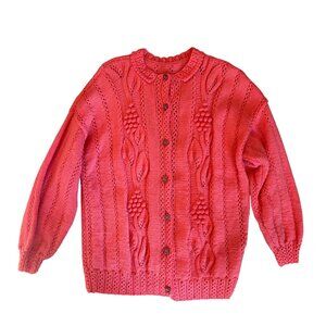 Vintage Hand-Knit Coral Cardigan Sweater Leaf Bobble Cozy Grandma Knubby‎ Cottag